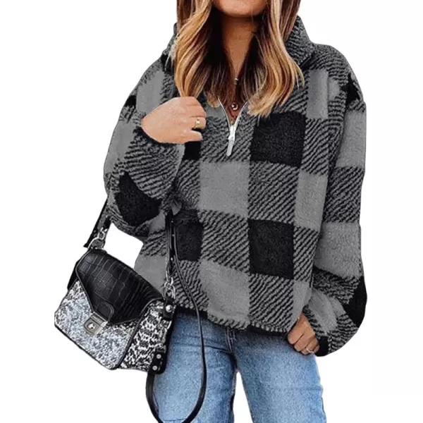 BTFBM Women Sherpa Pullover Quarter Zip Long Sleeve Fluffy Soft Fleece Jackets Sweaters Sweatshirts Hoodies Outwear CoatPlaid Black Grey