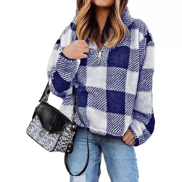 BTFBM Women Sherpa Pullover Quarter Zip Long Sleeve Fluffy Soft Fleece Jackets Sweaters Sweatshirts Hoodies Outwear CoatPlaid Blue