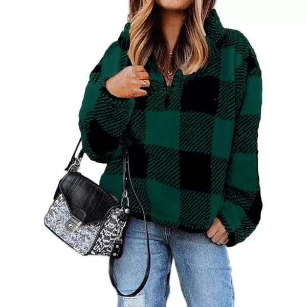 BTFBM Women Sherpa Pullover Quarter Zip Long Sleeve Fluffy Soft Fleece Jackets Sweaters Sweatshirts Hoodies Outwear CoatPlaid Green
