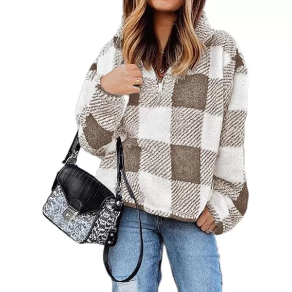 BTFBM Women Sherpa Pullover Quarter Zip Long Sleeve Fluffy Soft Fleece Jackets Sweaters Sweatshirts Hoodies Outwear CoatPlaid Khaki