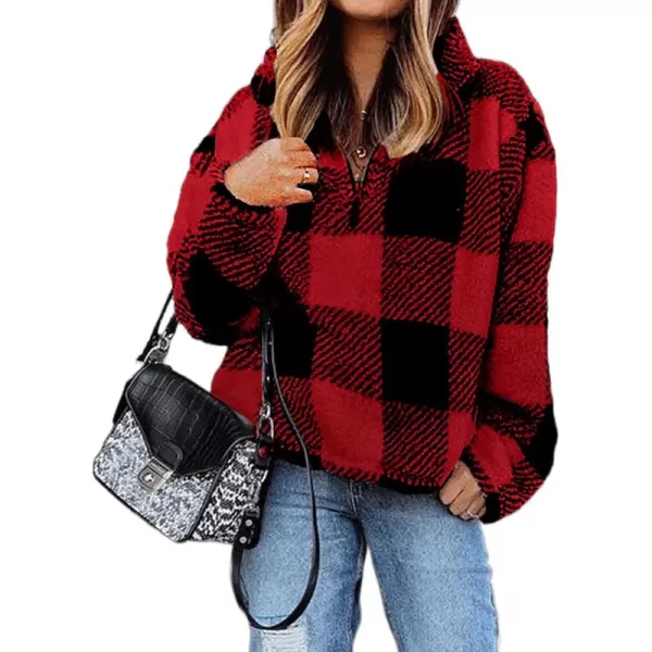 BTFBM Women Sherpa Pullover Quarter Zip Long Sleeve Fluffy Soft Fleece Jackets Sweaters Sweatshirts Hoodies Outwear CoatPlaid Red