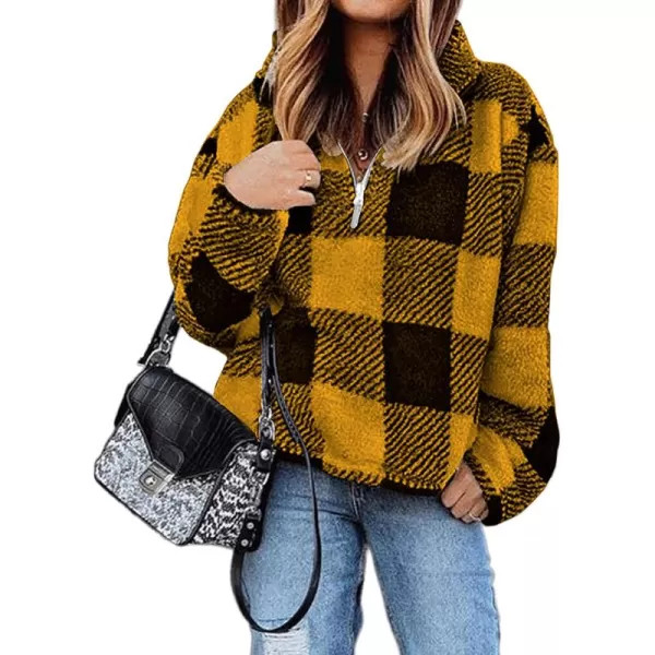 BTFBM Women Sherpa Pullover Quarter Zip Long Sleeve Fluffy Soft Fleece Jackets Sweaters Sweatshirts Hoodies Outwear CoatPlaid Yellow