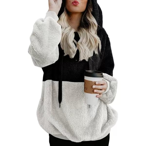 BTFBM Women Sherpa Pullover Quarter Zip Long Sleeve Fluffy Soft Fleece Jackets Sweaters Sweatshirts Hoodies Outwear CoatQblack