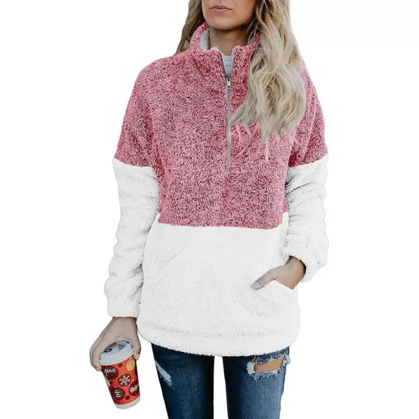 BTFBM Women Sherpa Pullover Quarter Zip Long Sleeve Fluffy Soft Fleece Jackets Sweaters Sweatshirts Hoodies Outwear CoatRed
