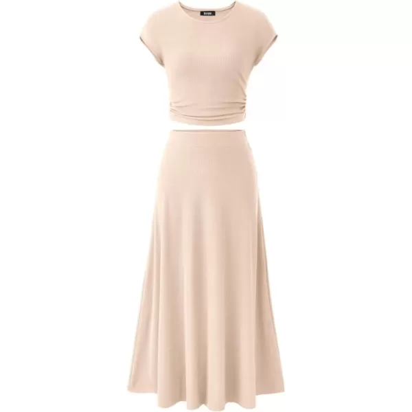 BTFBM Women Two Piece Skirt Set Casual Ribbed Knit Crew Neck Short Sleeve Cropped Top Elastic Waist Swing Midi SkirtsSolid Beige