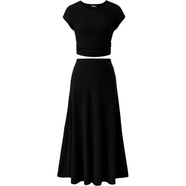BTFBM Women Two Piece Skirt Set Casual Ribbed Knit Crew Neck Short Sleeve Cropped Top Elastic Waist Swing Midi SkirtsSolid Black