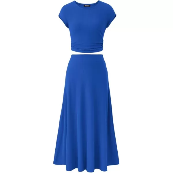 BTFBM Women Two Piece Skirt Set Casual Ribbed Knit Crew Neck Short Sleeve Cropped Top Elastic Waist Swing Midi SkirtsSolid Blue