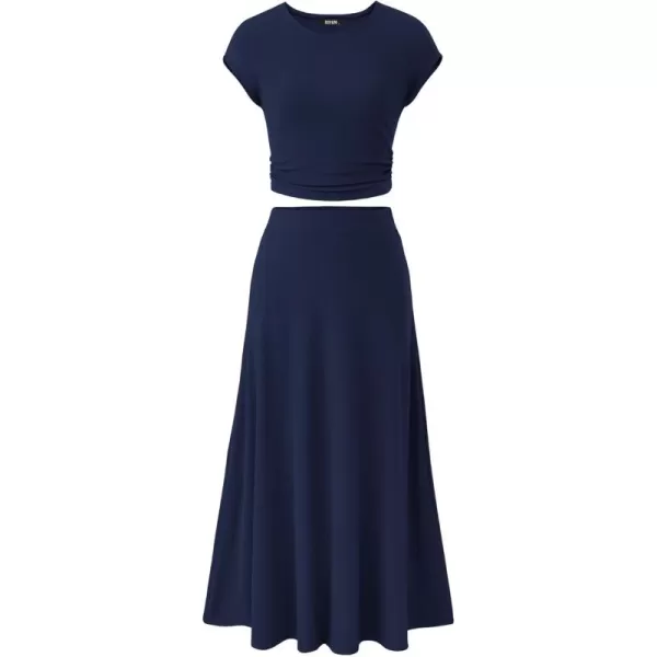 BTFBM Women Two Piece Skirt Set Casual Ribbed Knit Crew Neck Short Sleeve Cropped Top Elastic Waist Swing Midi SkirtsSolid Dark Blue