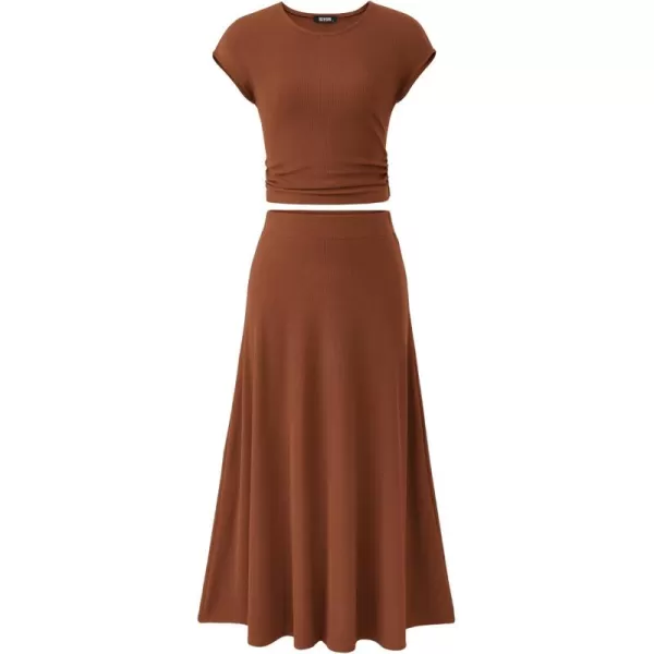 BTFBM Women Two Piece Skirt Set Casual Ribbed Knit Crew Neck Short Sleeve Cropped Top Elastic Waist Swing Midi SkirtsSolid Dark Brown