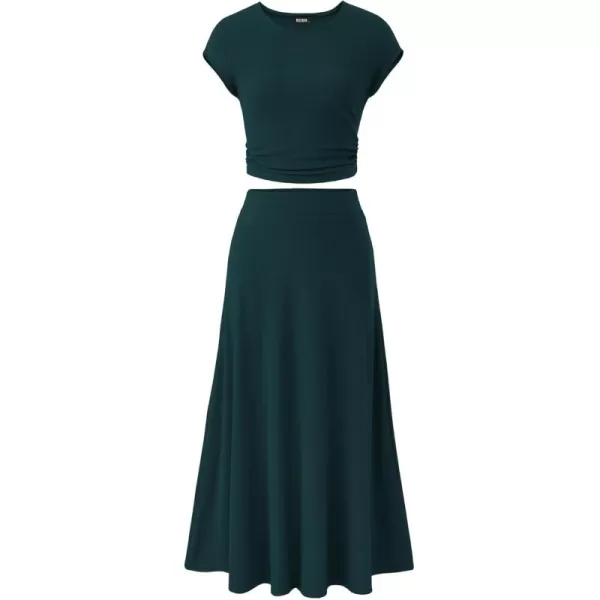 BTFBM Women Two Piece Skirt Set Casual Ribbed Knit Crew Neck Short Sleeve Cropped Top Elastic Waist Swing Midi SkirtsSolid Dark Green