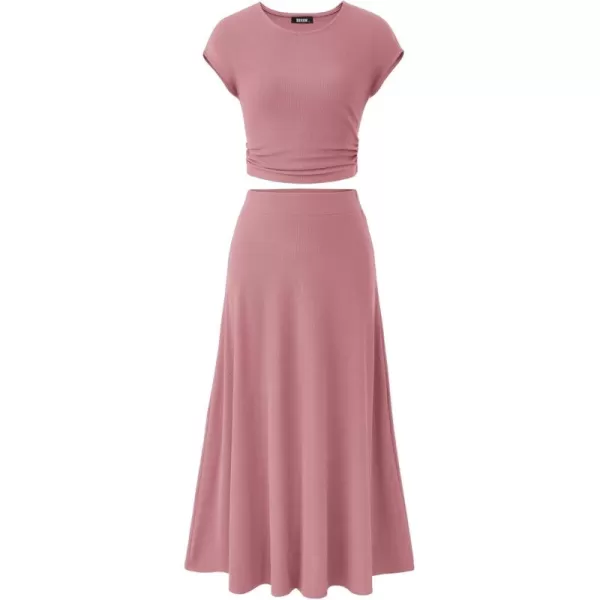 BTFBM Women Two Piece Skirt Set Casual Ribbed Knit Crew Neck Short Sleeve Cropped Top Elastic Waist Swing Midi SkirtsSolid Dusty Pink
