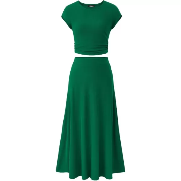 BTFBM Women Two Piece Skirt Set Casual Ribbed Knit Crew Neck Short Sleeve Cropped Top Elastic Waist Swing Midi SkirtsSolid Green