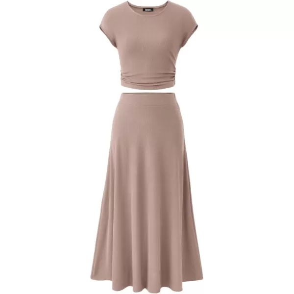 BTFBM Women Two Piece Skirt Set Casual Ribbed Knit Crew Neck Short Sleeve Cropped Top Elastic Waist Swing Midi SkirtsSolid Khaki
