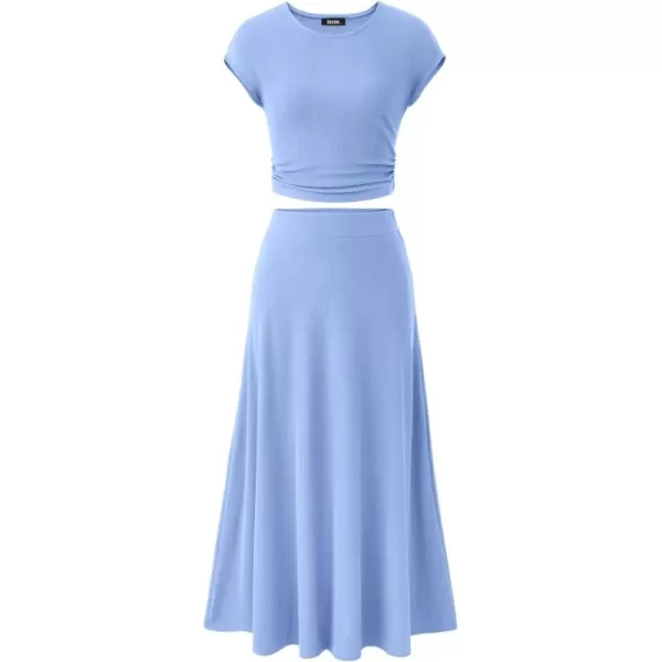 BTFBM Women Two Piece Skirt Set Casual Ribbed Knit Crew Neck Short Sleeve Cropped Top Elastic Waist Swing Midi SkirtsSolid Light Blue