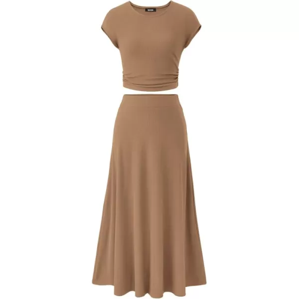 BTFBM Women Two Piece Skirt Set Casual Ribbed Knit Crew Neck Short Sleeve Cropped Top Elastic Waist Swing Midi SkirtsSolid Light Brown