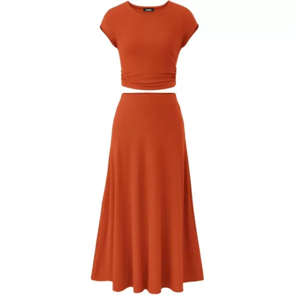 BTFBM Women Two Piece Skirt Set Casual Ribbed Knit Crew Neck Short Sleeve Cropped Top Elastic Waist Swing Midi SkirtsSolid Orange