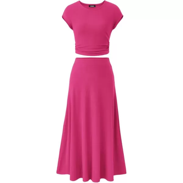 BTFBM Women Two Piece Skirt Set Casual Ribbed Knit Crew Neck Short Sleeve Cropped Top Elastic Waist Swing Midi SkirtsSolid Rose Red