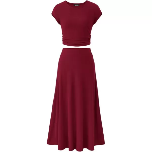 BTFBM Women Two Piece Skirt Set Casual Ribbed Knit Crew Neck Short Sleeve Cropped Top Elastic Waist Swing Midi SkirtsSolid Wine Red
