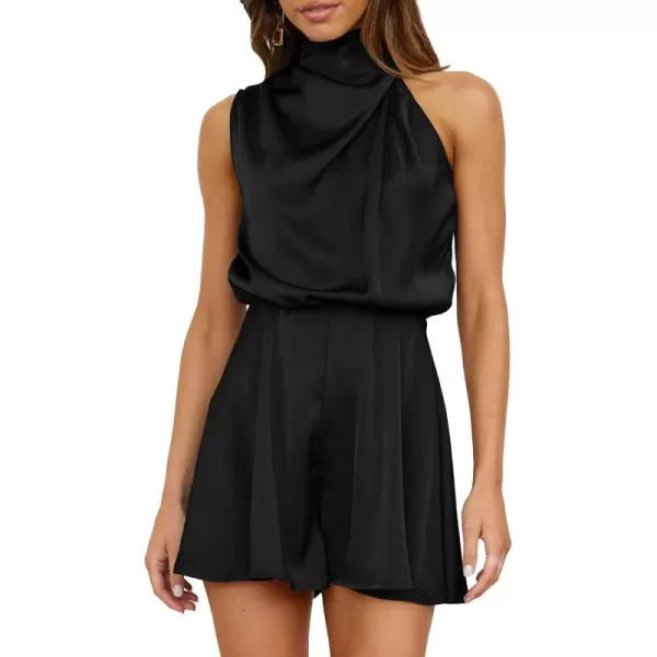 BTFBM Womens Mock Neck Summer Romper Satin Sleeveless Elastic Waist Casual Beach Party One Piece Short Jumpsuit RompersSolid Black