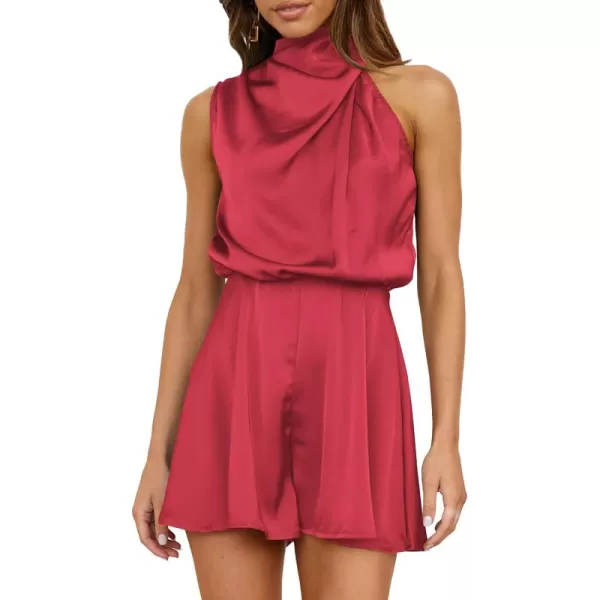 BTFBM Womens Mock Neck Summer Romper Satin Sleeveless Elastic Waist Casual Beach Party One Piece Short Jumpsuit RompersSolid Red