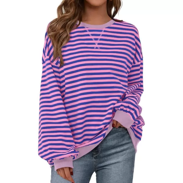 BTFBM Womens Striped Pullover Tops 2024 Fall Clothes Long Lantern Sleeve Soft Loose Crew Neck Y2K SweatshirtsBlue Pink