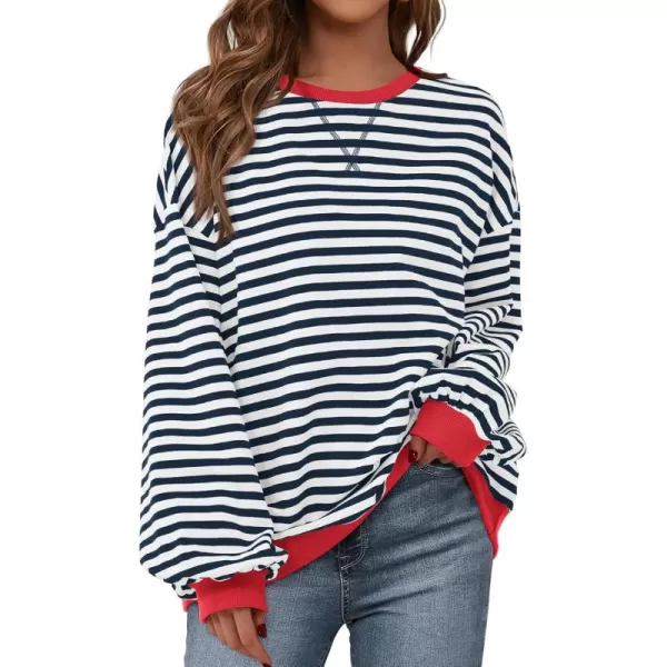 BTFBM Womens Striped Pullover Tops 2024 Fall Clothes Long Lantern Sleeve Soft Loose Crew Neck Y2K SweatshirtsNavy White