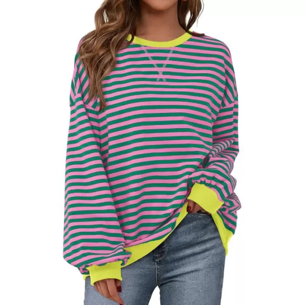 BTFBM Womens Striped Pullover Tops 2024 Fall Clothes Long Lantern Sleeve Soft Loose Crew Neck Y2K SweatshirtsPink Green