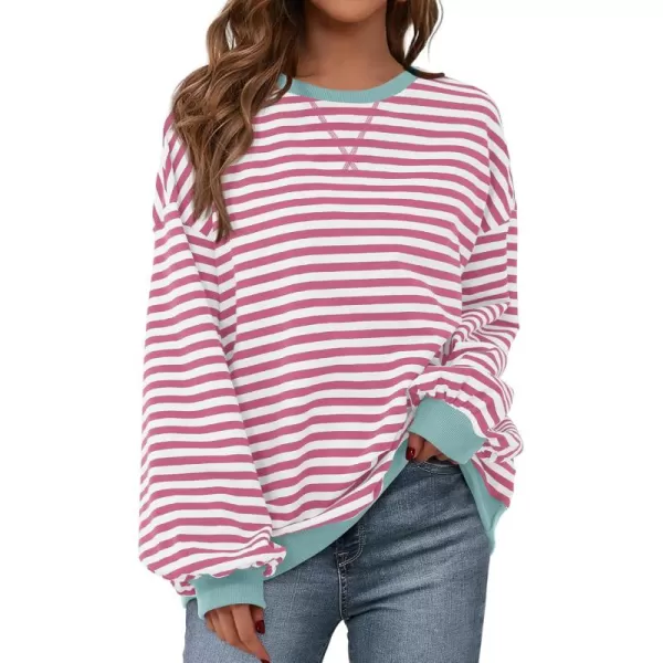 BTFBM Womens Striped Pullover Tops 2024 Fall Clothes Long Lantern Sleeve Soft Loose Crew Neck Y2K SweatshirtsPink White