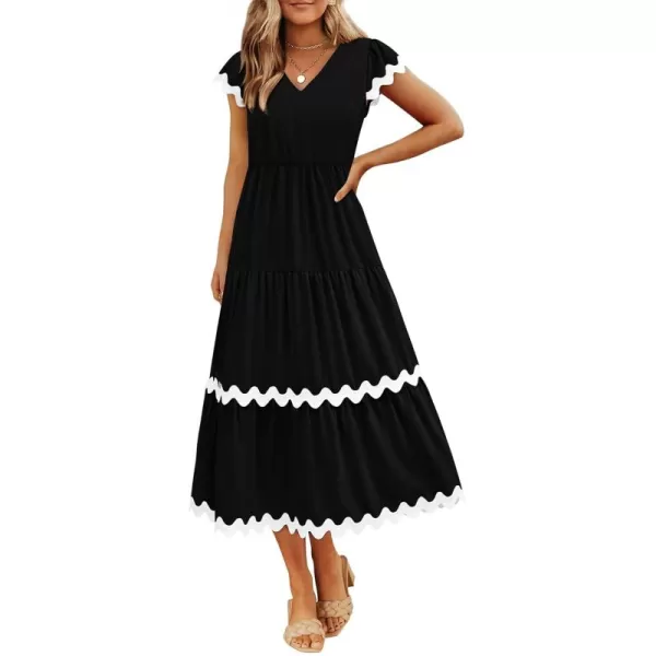 BTFBM Womens Summer Dresses 2024 V Neck Cap Sleeve Ric Rac Loose Tiered ALine Beach Vacation Midi Dress with PocketSolid Black