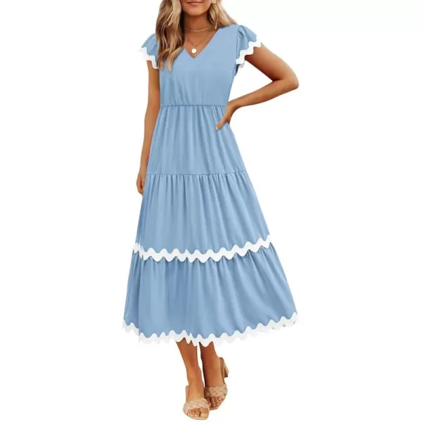 BTFBM Womens Summer Dresses 2024 V Neck Cap Sleeve Ric Rac Loose Tiered ALine Beach Vacation Midi Dress with PocketSolid Light Blue