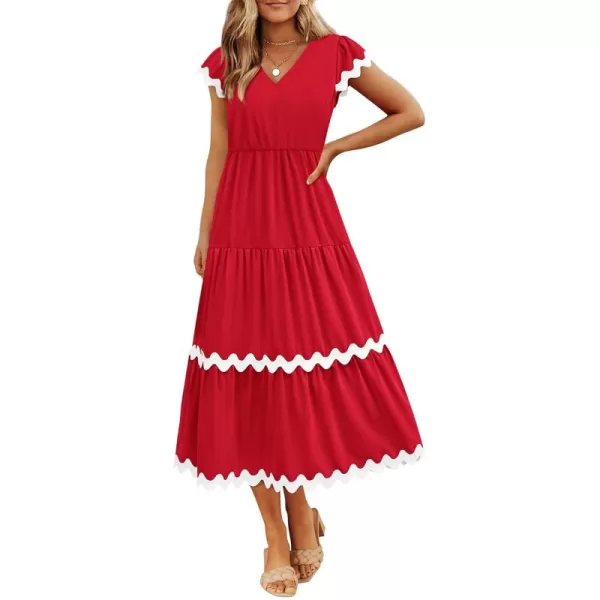 BTFBM Womens Summer Dresses 2024 V Neck Cap Sleeve Ric Rac Loose Tiered ALine Beach Vacation Midi Dress with PocketSolid Red