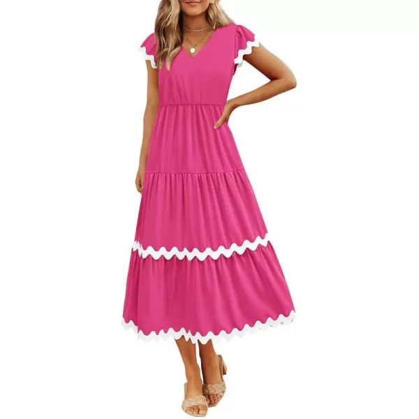 BTFBM Womens Summer Dresses 2024 V Neck Cap Sleeve Ric Rac Loose Tiered ALine Beach Vacation Midi Dress with PocketSolid Rose Red