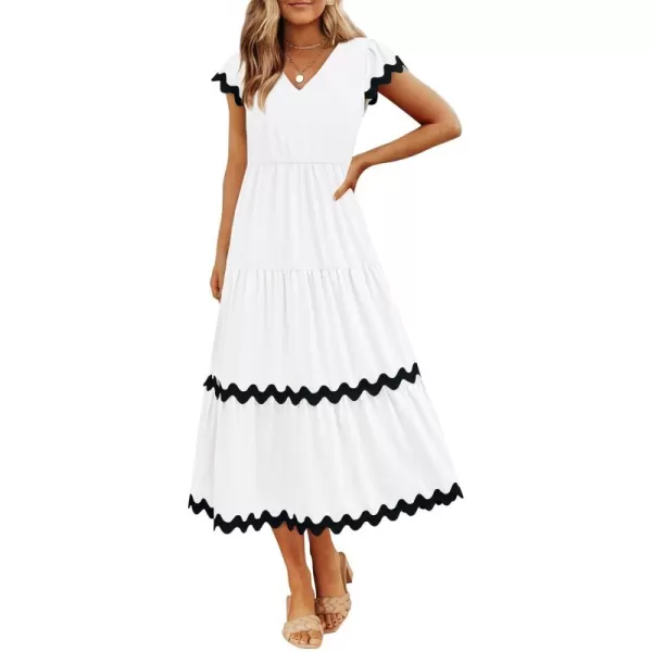 BTFBM Womens Summer Dresses 2024 V Neck Cap Sleeve Ric Rac Loose Tiered ALine Beach Vacation Midi Dress with PocketSolid White