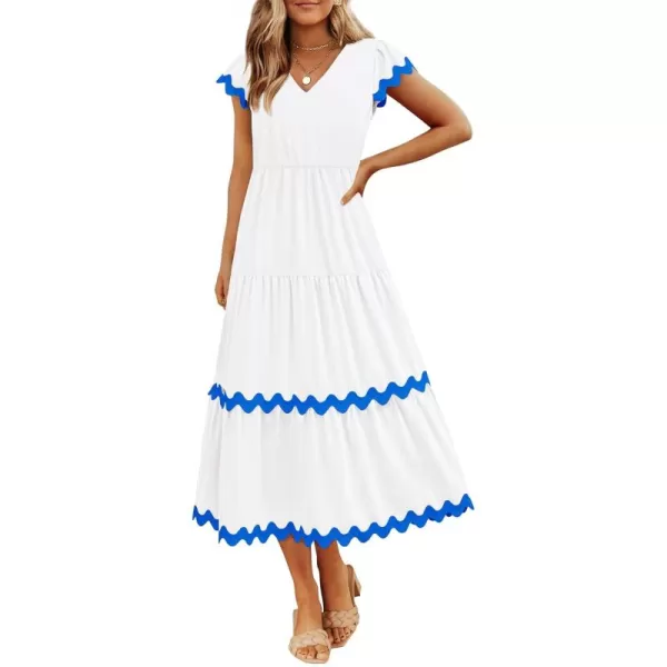 BTFBM Womens Summer Dresses 2024 V Neck Cap Sleeve Ric Rac Loose Tiered ALine Beach Vacation Midi Dress with PocketSolid White Blue