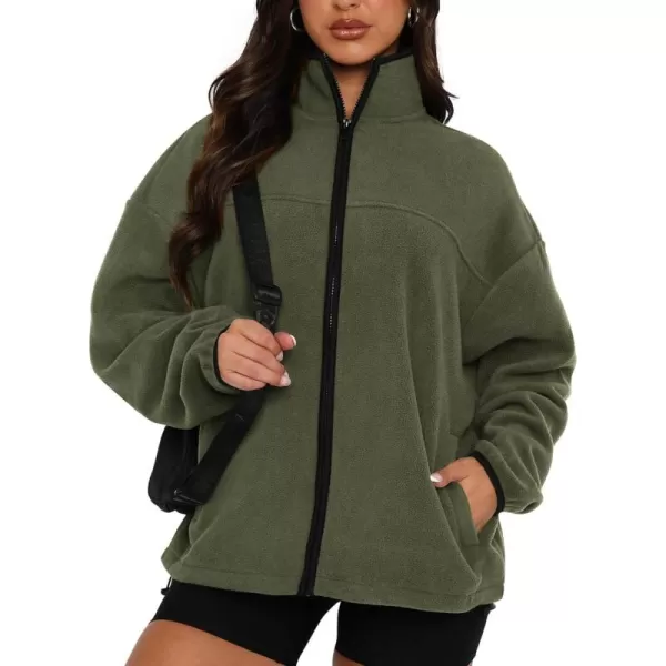 BTFBM Womens Zip Up Fleece Jackets Stand Collar 2024 Fall Winter Outerwear Casual Fuzzy Coats with PocketsArmy Green
