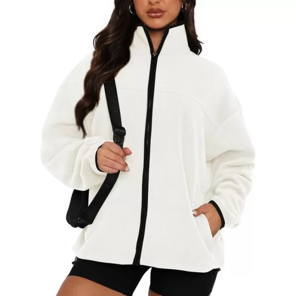 BTFBM Womens Zip Up Fleece Jackets Stand Collar 2024 Fall Winter Outerwear Casual Fuzzy Coats with PocketsBeige White