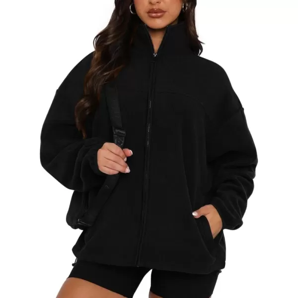 BTFBM Womens Zip Up Fleece Jackets Stand Collar 2024 Fall Winter Outerwear Casual Fuzzy Coats with PocketsBlack