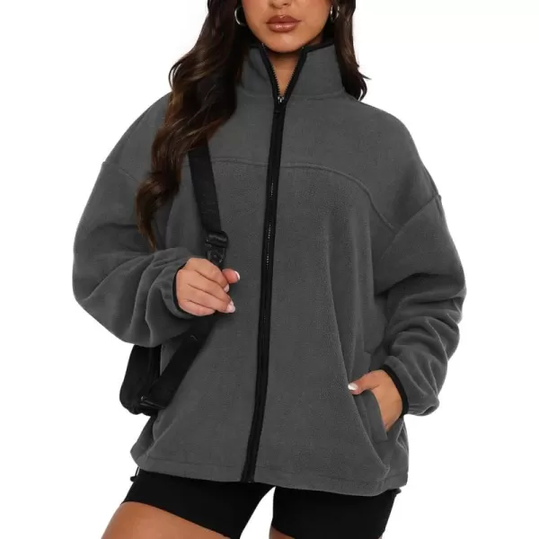BTFBM Womens Zip Up Fleece Jackets Stand Collar 2024 Fall Winter Outerwear Casual Fuzzy Coats with PocketsDark Grey