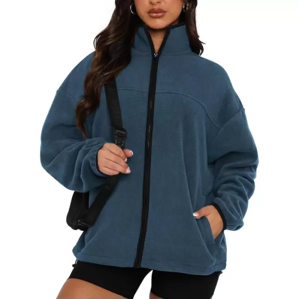 BTFBM Womens Zip Up Fleece Jackets Stand Collar 2024 Fall Winter Outerwear Casual Fuzzy Coats with PocketsGrey Blue