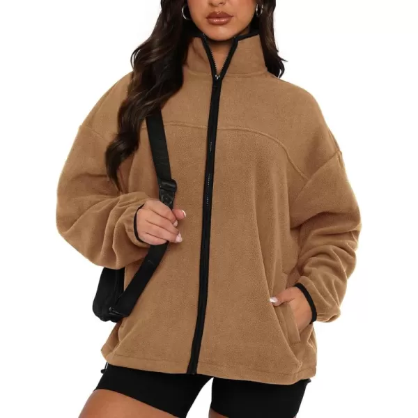 BTFBM Womens Zip Up Fleece Jackets Stand Collar 2024 Fall Winter Outerwear Casual Fuzzy Coats with PocketsKhaki