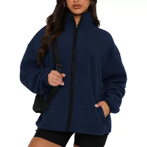 BTFBM Womens Zip Up Fleece Jackets Stand Collar 2024 Fall Winter Outerwear Casual Fuzzy Coats with PocketsNavy