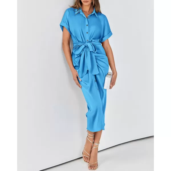 BTFBM 2024 Women Button Down Ruched Shirt Dresses Short Sleeve Lapel V Neck Elegant Party Spring Summer Maxi Satin DressShort Sleeve Aqua Blue