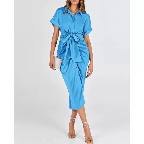 BTFBM 2024 Women Button Down Ruched Shirt Dresses Short Sleeve Lapel V Neck Elegant Party Spring Summer Maxi Satin DressShort Sleeve Aqua Blue