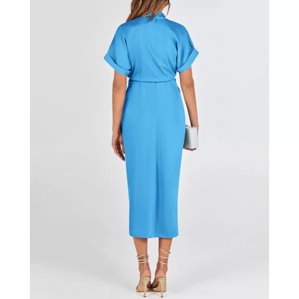 BTFBM 2024 Women Button Down Ruched Shirt Dresses Short Sleeve Lapel V Neck Elegant Party Spring Summer Maxi Satin DressShort Sleeve Aqua Blue