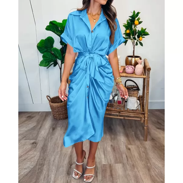 BTFBM 2024 Women Button Down Ruched Shirt Dresses Short Sleeve Lapel V Neck Elegant Party Spring Summer Maxi Satin DressShort Sleeve Aqua Blue