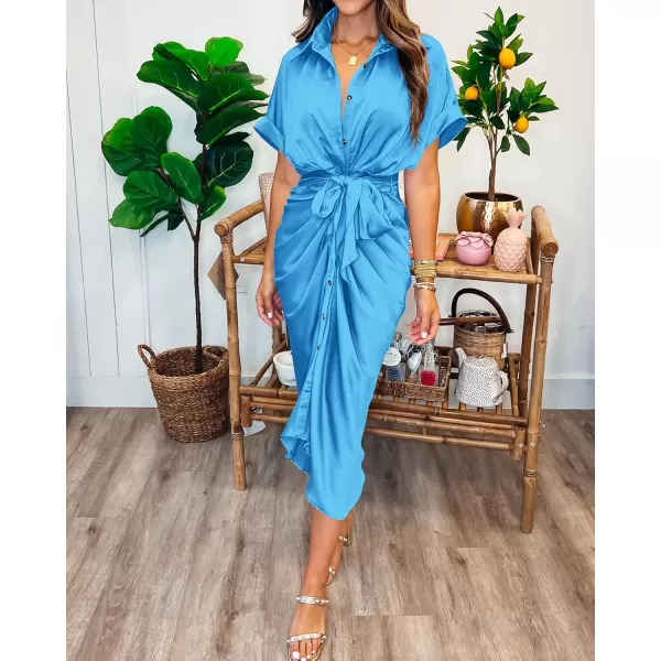 BTFBM 2024 Women Button Down Ruched Shirt Dresses Short Sleeve Lapel V Neck Elegant Party Spring Summer Maxi Satin DressShort Sleeve Aqua Blue