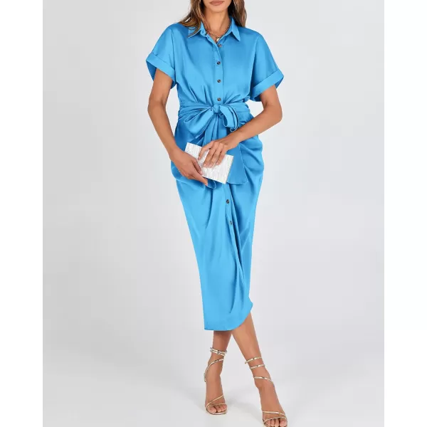 BTFBM 2024 Women Button Down Ruched Shirt Dresses Short Sleeve Lapel V Neck Elegant Party Spring Summer Maxi Satin DressShort Sleeve Aqua Blue