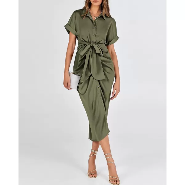 BTFBM 2024 Women Button Down Ruched Shirt Dresses Short Sleeve Lapel V Neck Elegant Party Spring Summer Maxi Satin DressShort Sleeve Army Green