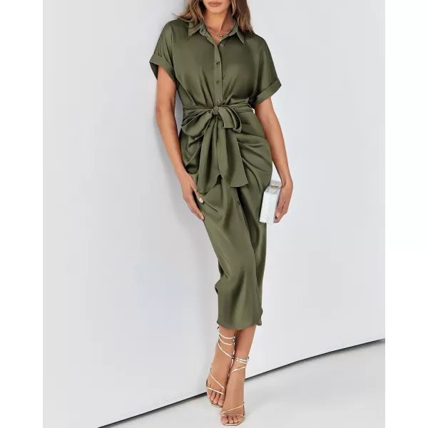 BTFBM 2024 Women Button Down Ruched Shirt Dresses Short Sleeve Lapel V Neck Elegant Party Spring Summer Maxi Satin DressShort Sleeve Army Green