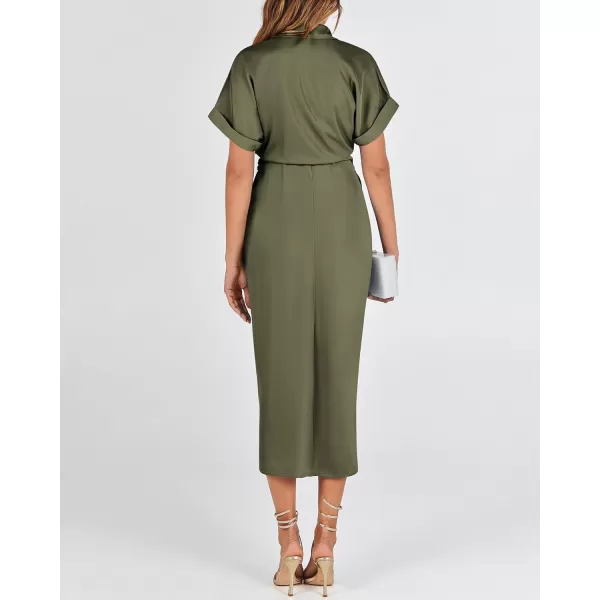 BTFBM 2024 Women Button Down Ruched Shirt Dresses Short Sleeve Lapel V Neck Elegant Party Spring Summer Maxi Satin DressShort Sleeve Army Green
